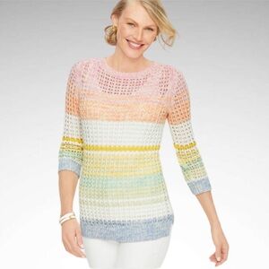 Talbots Pastel Striped Open Stitch Cotton Sweater 3/4-Sleeves